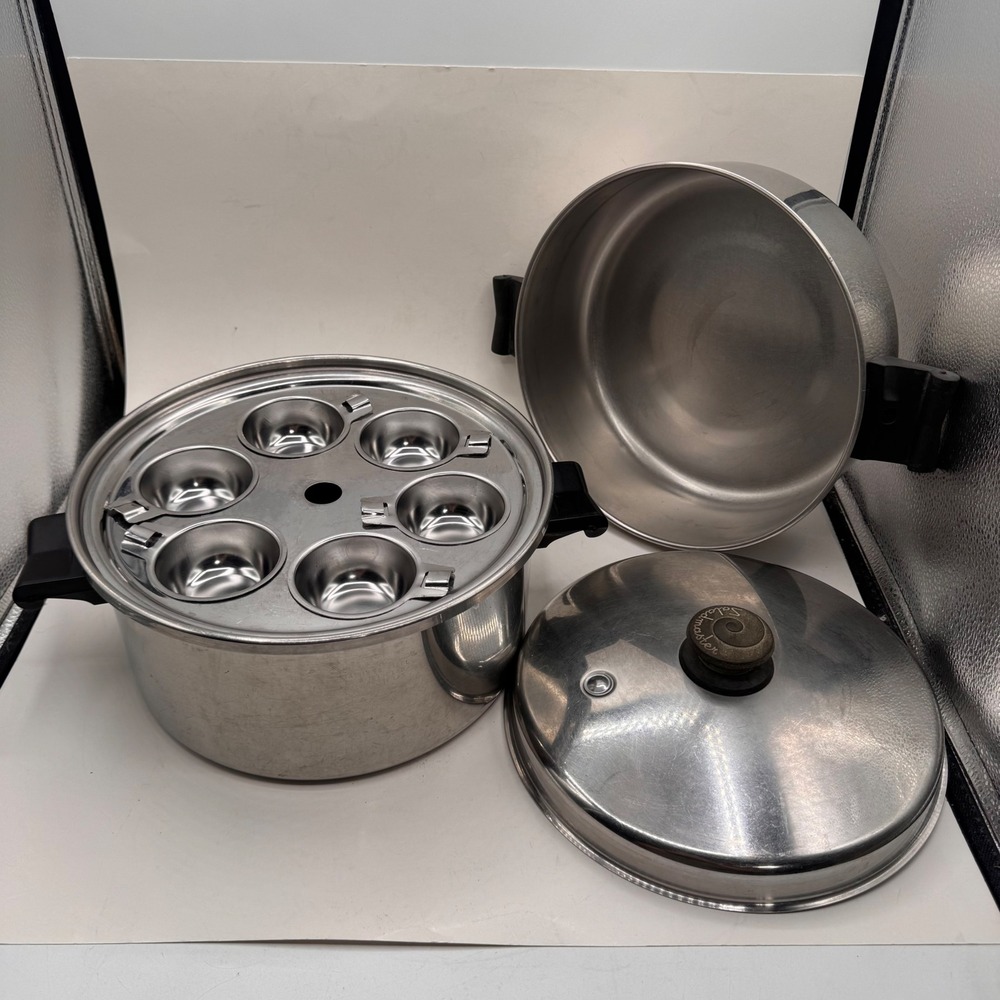 Vintage Saladmaster Stainless Steel 6 Cup Egg Poacher Pot Set with Dome Lid